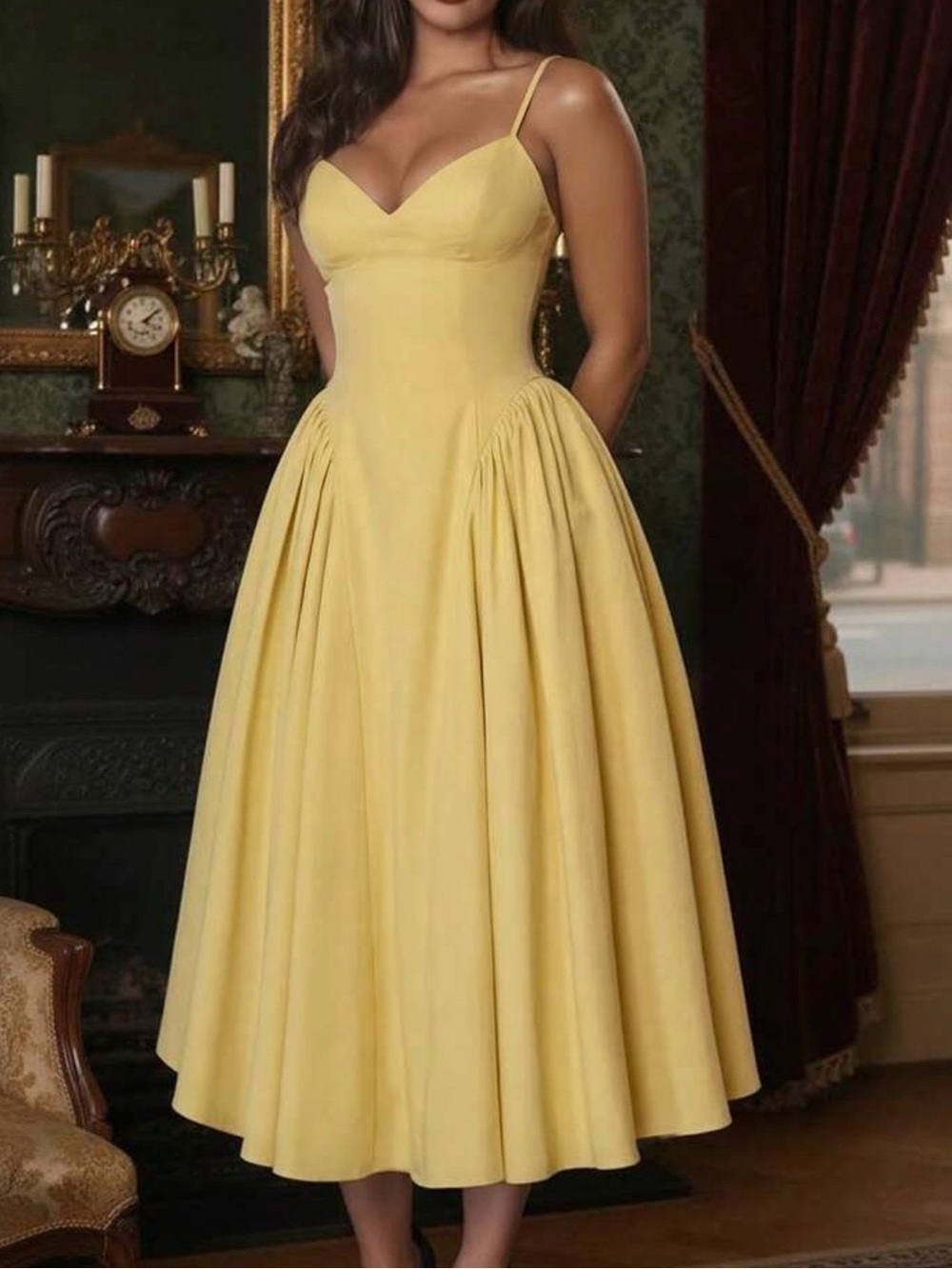 SHEIN Yellow Spaghetti-Strap Midi Dress
